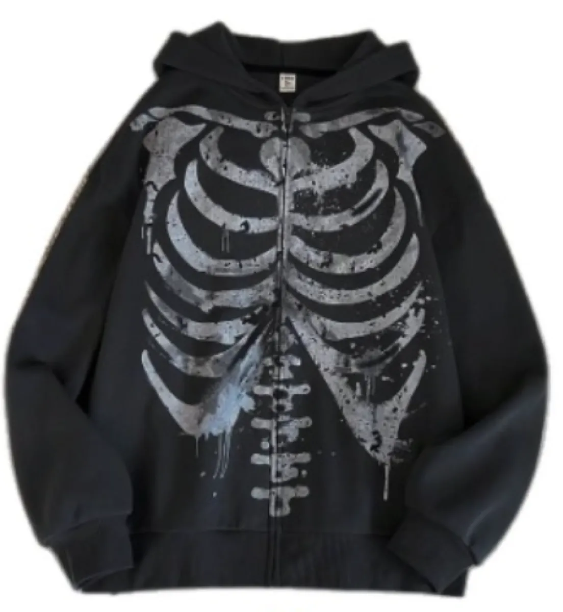 Black zip-up hoodie with white skeleton ribcage print