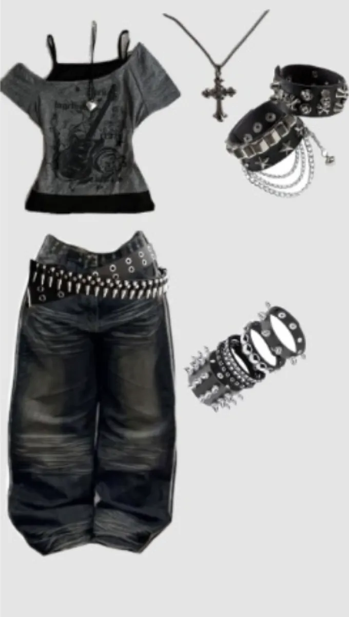 Outfit mockup showing accessories collage — necklaces, bracelets, boots, band tee, layered look