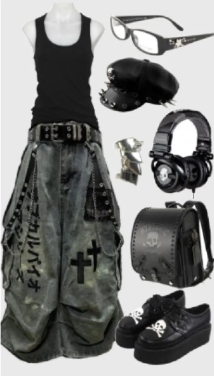Outfit mockup showing full grunge look with backpack and headphones